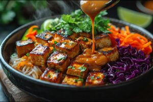 Vegánska miska s ryžovými rezancami, tofu a krémovou arašidovo-kokosovou omáčkou