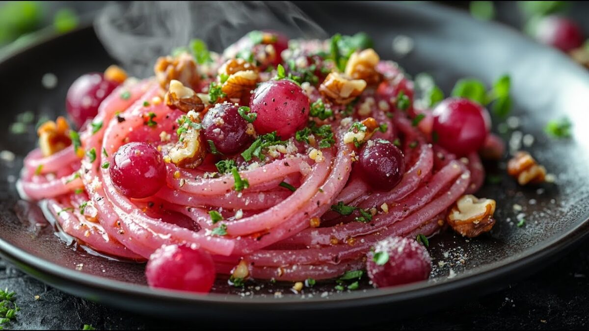 Červené víno cestoviny s vlašskými orechmi a pečenými hrozno – vegánske & ušľachtilé