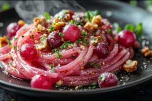 Červené víno cestoviny s vlašskými orechmi a pečenými hrozno – vegánske & u...