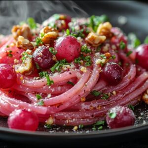 Červené víno cestoviny s vlašskými orechmi a pečenými hrozno – vegánske & u...