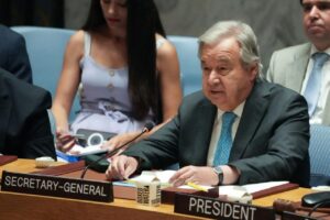 Generálny tajomník OSN António Guterres počas zasadnutia Bezpečnostnej rady odsú...