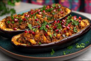 Baklažán plnený bulgurom a granátovým jablkom.