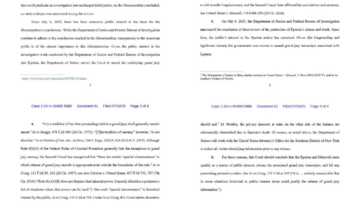 Trumpovo ministerstvo spravodlivosti formálne žiada súd v Manhattane o odtajnenie výpovede veľkej poroty v prípade Epsteina