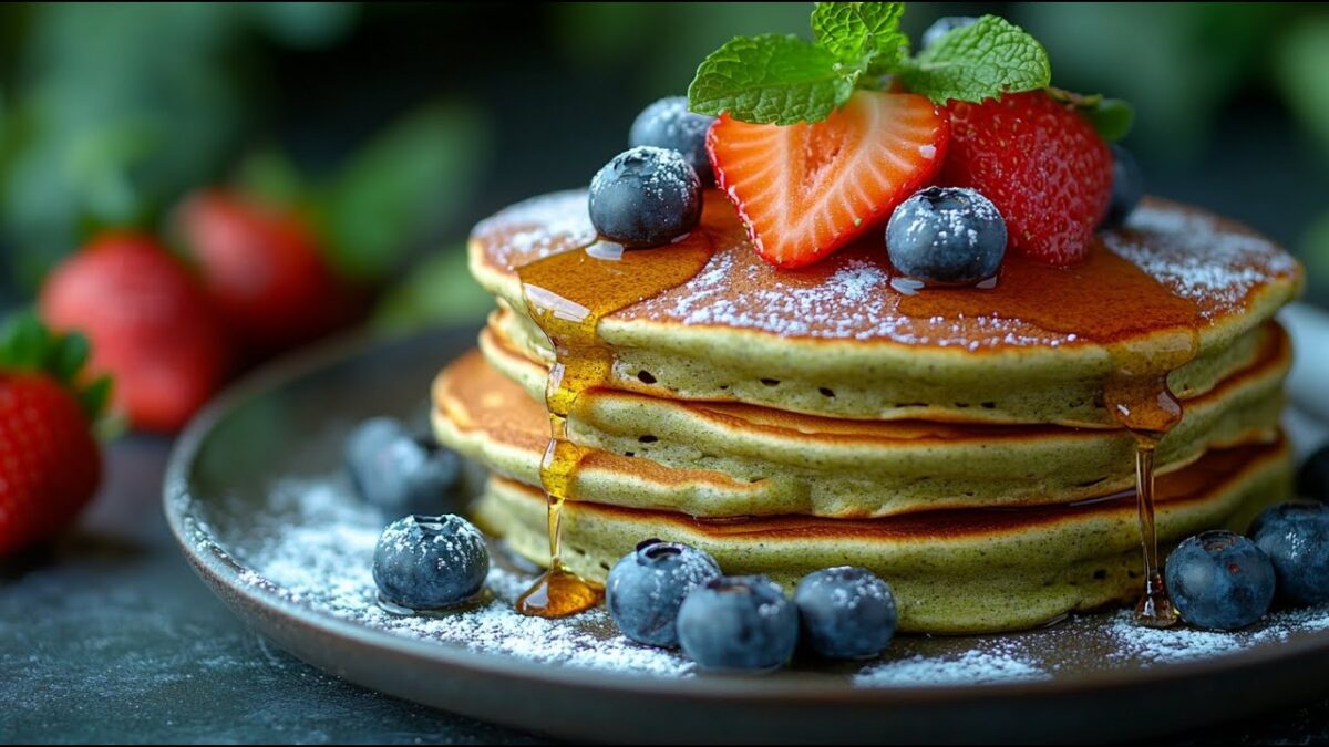 Vegánske matcha palacinky nadýchané, zdravé, ideálne na raňajky.