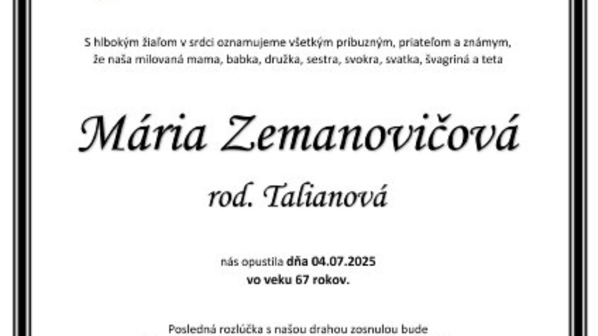 Mesto Trenčín: Mária Zemanovičová rod. Talianová