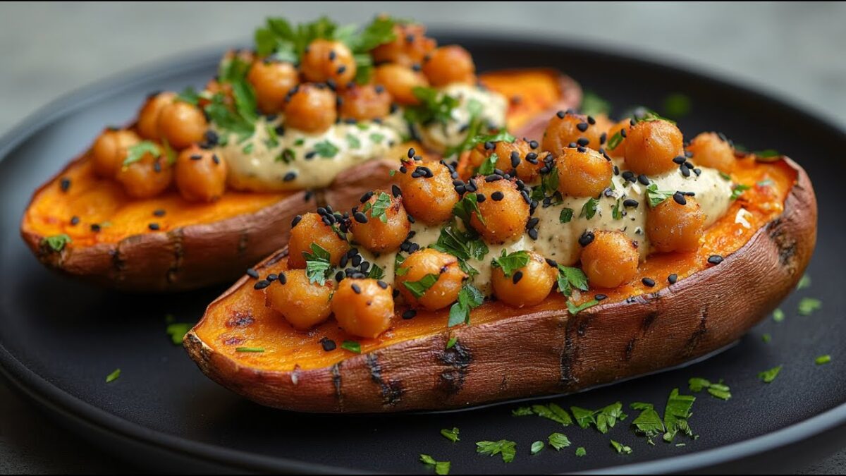 Plnené sladké zemiaky s kešu krémom a chrumkavým cícerom
