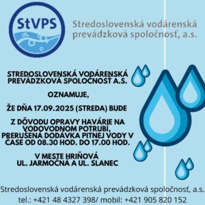 Mesto Hriňová: Stredoslovenská vodárenská spoločnosť a. s. oznamuje že dňa 17.09...