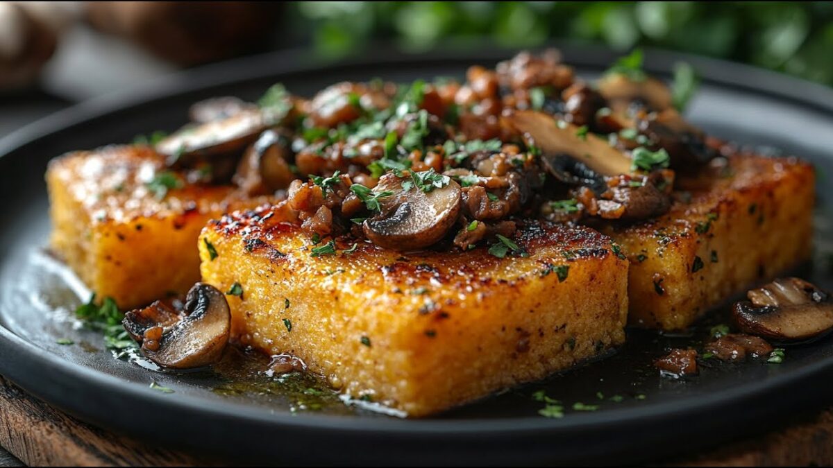 Chrumkavé polentové rezy s krémovým hubovým ragú – vegánske a plné chuti!