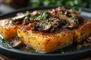 Chrumkavé polentové rezy s krémovým hubovým ragú – vegánske a plné chuti!