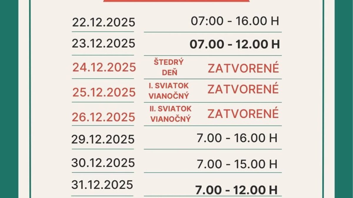 Mesto Handlová: ÚRADNE HODINY NA MESTSKOM ÚRADE POČAS VIANOČNÝCH A NOVOROČNÝCH SVIATKOV 2025/2026