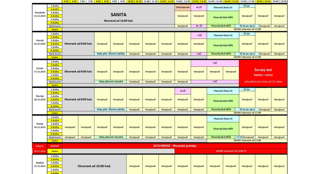 mesto Žiar nad hronom: harmonogram krytej plavÁrne a saunovÉho sveta Mesto Žiar nad Hronom: HARMONOGRAM KRYTEJ PLAVÁRNE A SAUNOVÉHO SVETA PRE TENTO TÝŽDEŇ